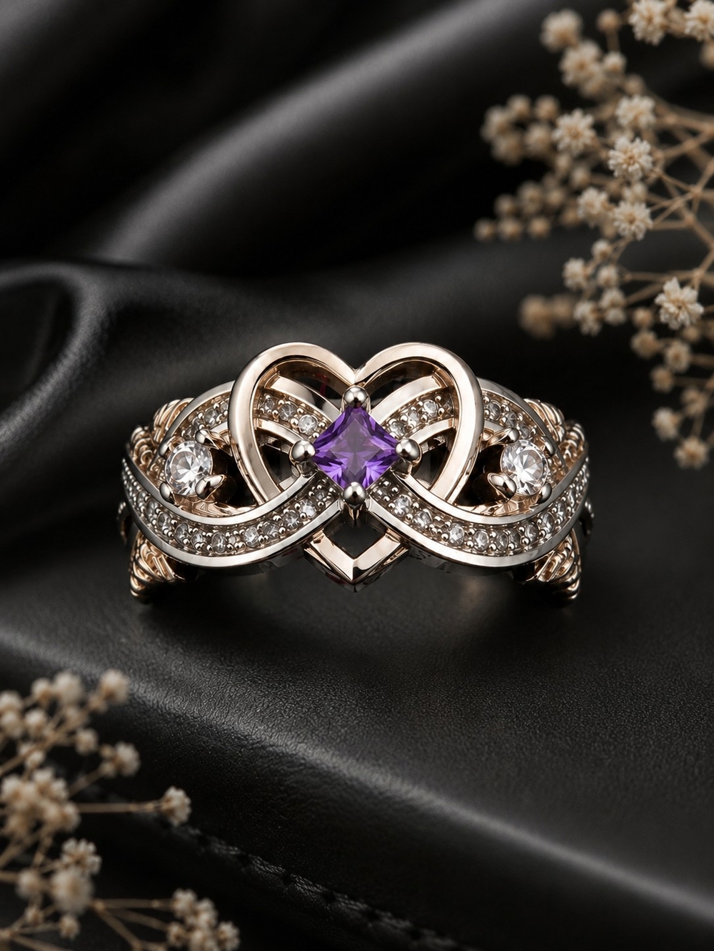 Rose Gold Heart Infinity Ring with Purple Gem